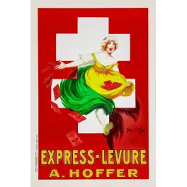 Affiche Express-Levure A. Hoffer Jean d'Ylen 1922 femme sachets levure croix blanche fond rouge Art Déco
