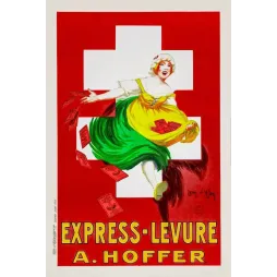 Affiche Express-Levure A. Hoffer Jean d'Ylen 1922 femme sachets levure croix blanche fond rouge Art Déco