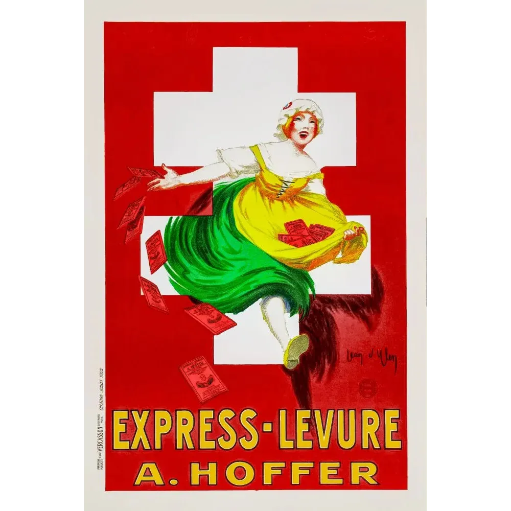 Affiche Express-Levure A. Hoffer Jean d'Ylen 1922 femme sachets levure croix blanche fond rouge Art Déco Affiche Express-Levure A. Hoffer Jean d'Ylen 1922 femme sachets levure croix blanche fond rouge Art Déco