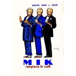 Affiche MIK remplace le café Jean d'Ylen 1930 trois hommes robe chambre costume smoking tasse matin midi soir