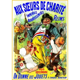 Affiche Aux Sœurs de Charité Reims décembre jouets enfants personnage tricolore poupées chevaux bois Tour Eiffel