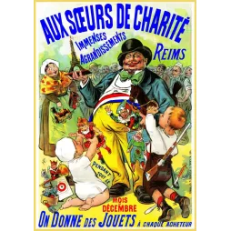 Affiche Aux Sœurs de Charité Reims décembre jouets enfants personnage tricolore poupées chevaux bois Tour Eiffel