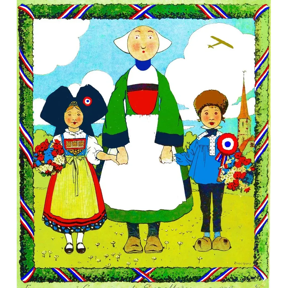 Illustration Bécassine Grande Guerre Alsace Pinchon 1916 Caumery enfants costume alsacien cocarde tricolore avion
