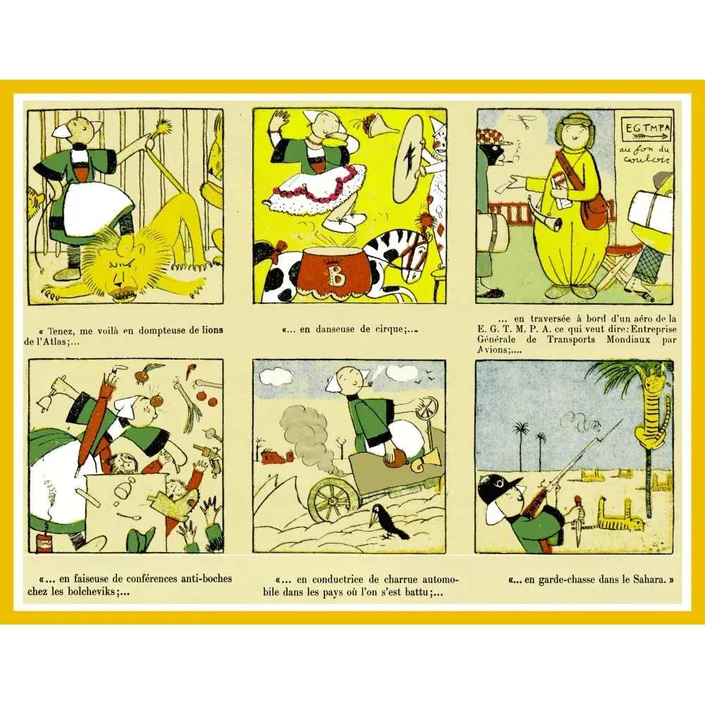 Planche Bécassine six métiers imaginaires Pinchon dompteuse lions cirque avion Sahara bolcheviks charrue