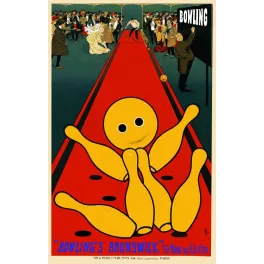 Affiche Bowling's Brunswick 55 rue de Clichy Paris Eugène Ogé 1895 quille anthropomorphe jaune piste rouge mondains