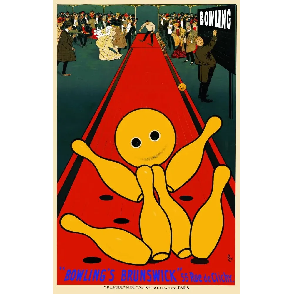 Affiche Bowling's Brunswick 55 rue de Clichy Paris Eugène Ogé 1895 quille anthropomorphe jaune piste rouge mondains Affiche Bowling's Brunswick 55 rue de Clichy Paris Eugène Ogé 1895 quille anthropomorphe jaune piste rouge mondains