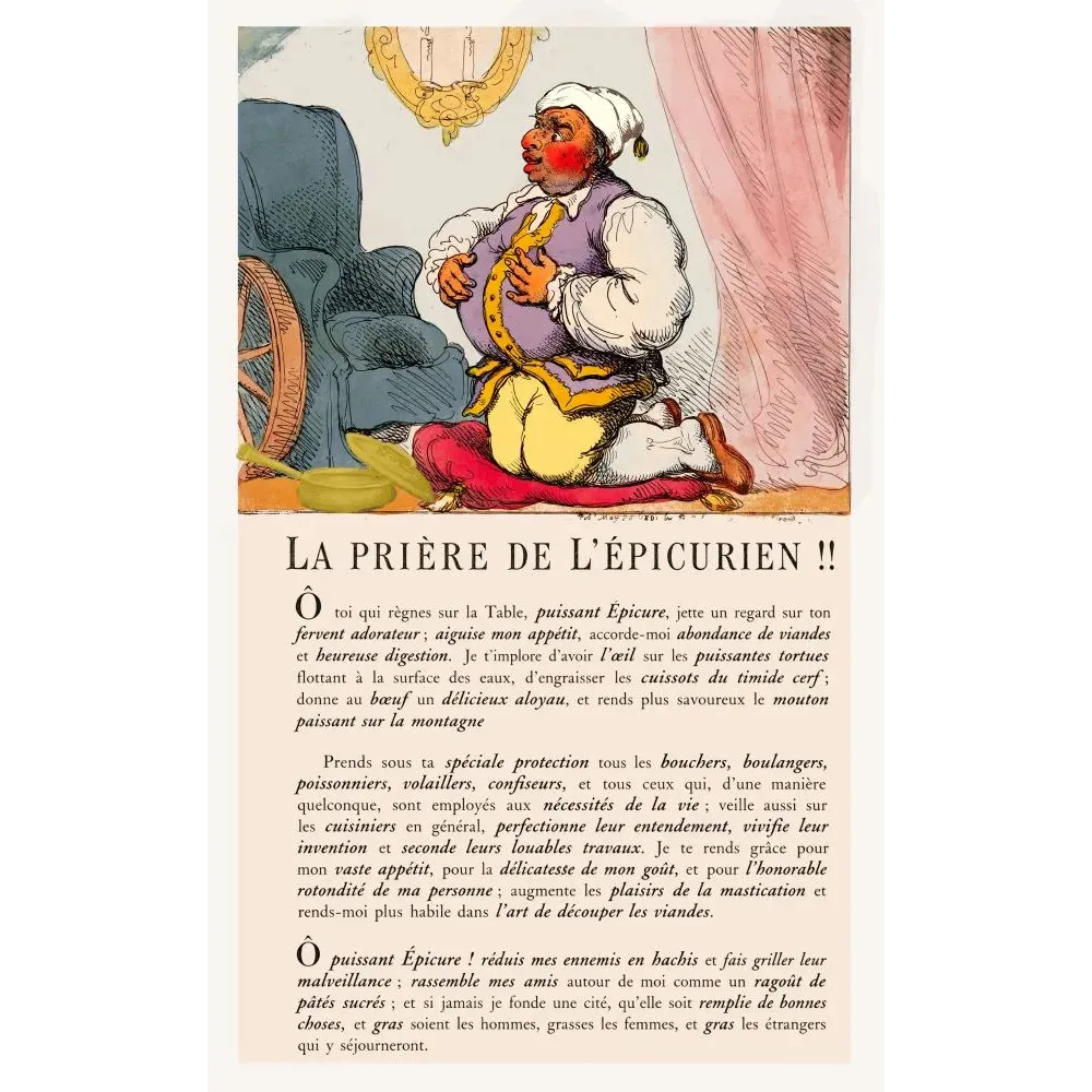 Estampe satirique La Prière de l'Épicurien Thomas Rowlandson 1801 glouton bonnet nuit épicure humour Estampe satirique La Prière de l'Épicurien Thomas Rowlandson 1801 glouton bonnet nuit épicure humour