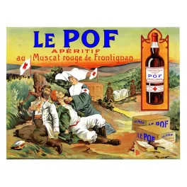 Affiche apéritif Le Pof Muscat rouge Frontignan 1900 infirmière Croix-Rouge soldats blessés champ bataille