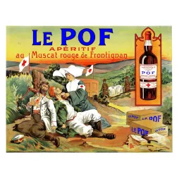 Affiche apéritif Le Pof Muscat rouge Frontignan 1900 infirmière Croix-Rouge soldats blessés champ bataille