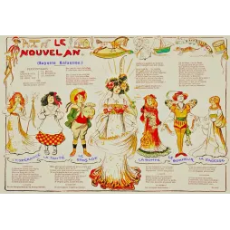 Illustration Nouvel An Saynète Enfantine Lucien Métivet 1906 allégories Espérance Santé Gros Lot Bonté Sagesse