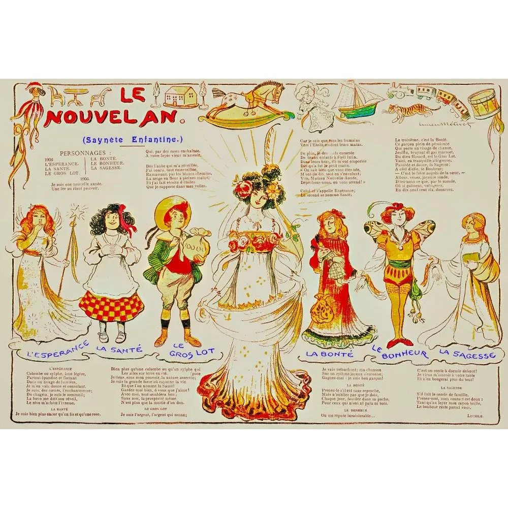 Illustration Nouvel An Saynète Enfantine Lucien Métivet 1906 allégories Espérance Santé Gros Lot Bonté Sagesse