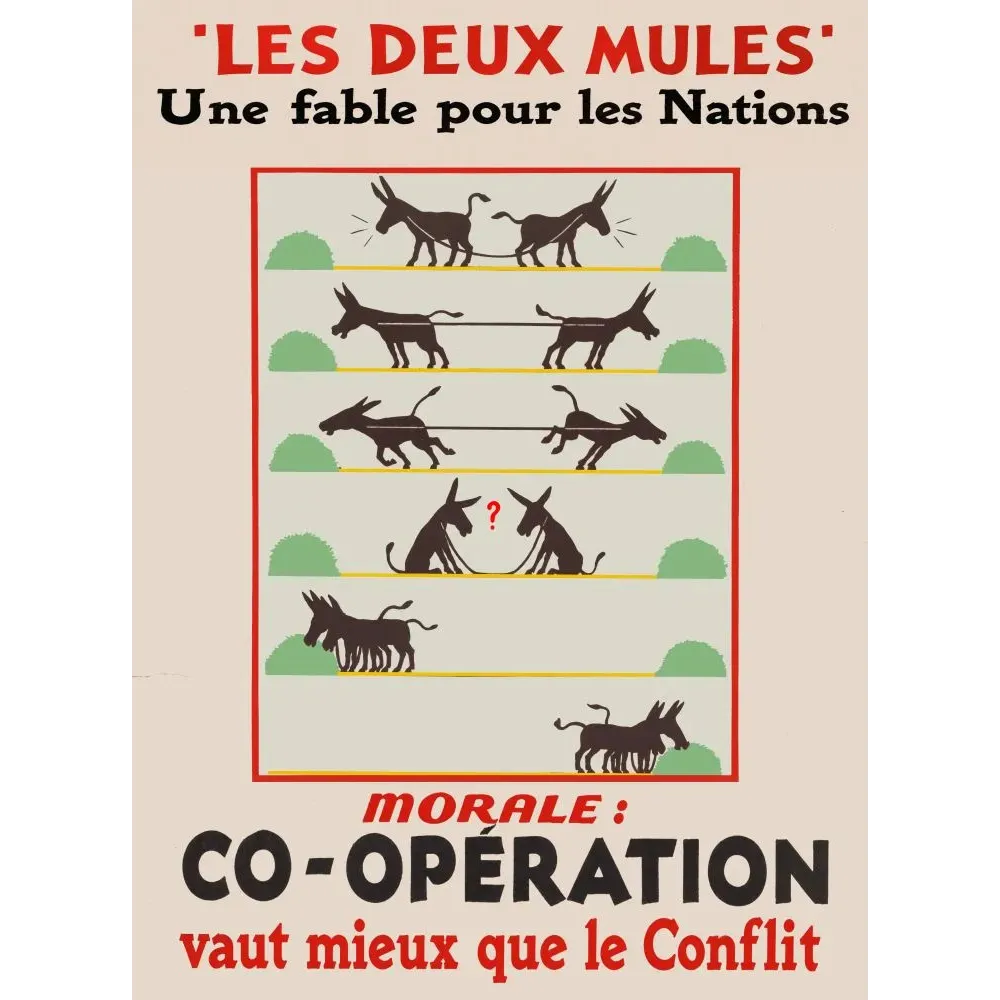 Affiche Les Deux Mules fable nations 1920 cinq séquences mules coopération vaut mieux conflit Affiche Les Deux Mules fable nations 1920 cinq séquences mules coopération vaut mieux conflit