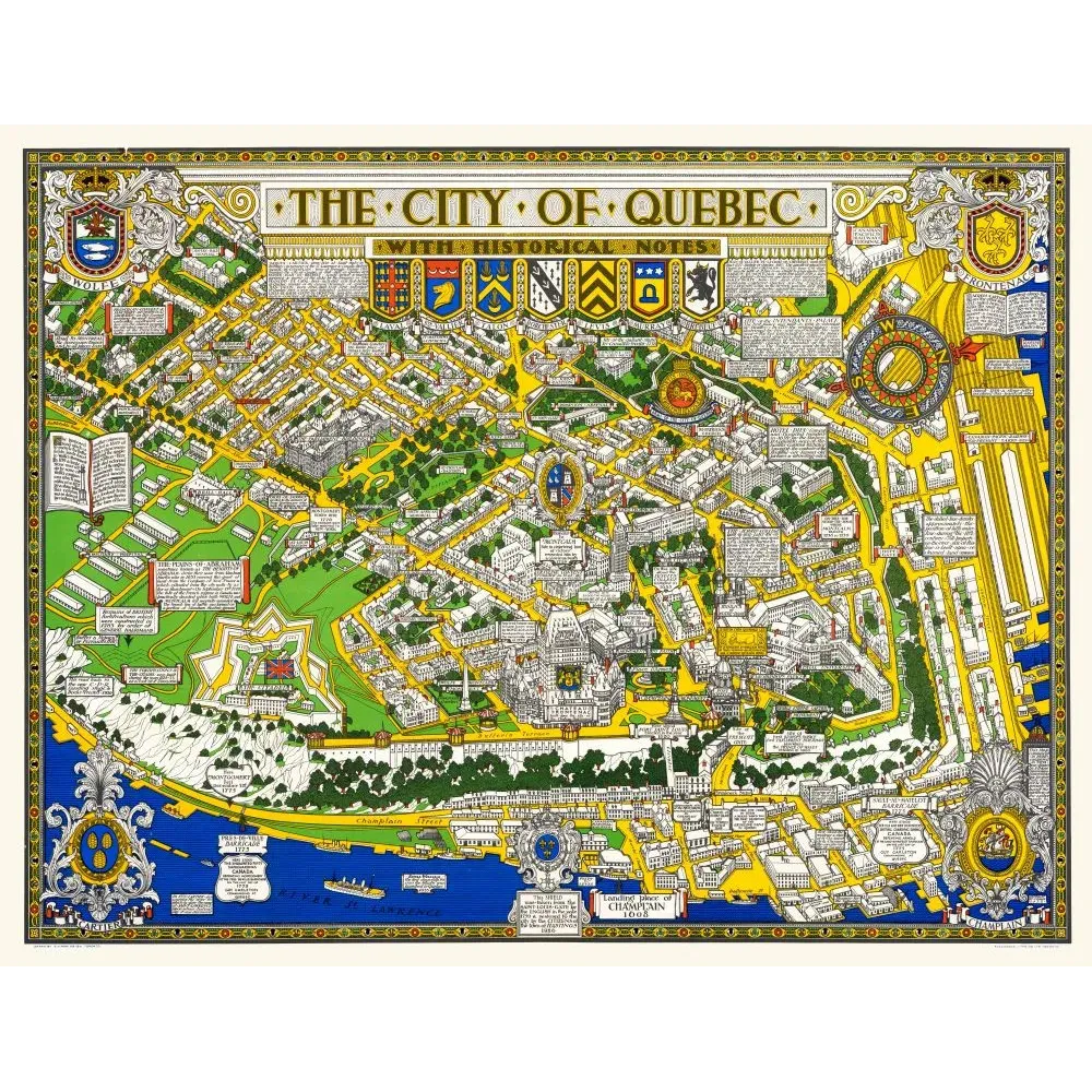 Carte illustrée Québec Historical Notes vue cavalière - Carte ancien