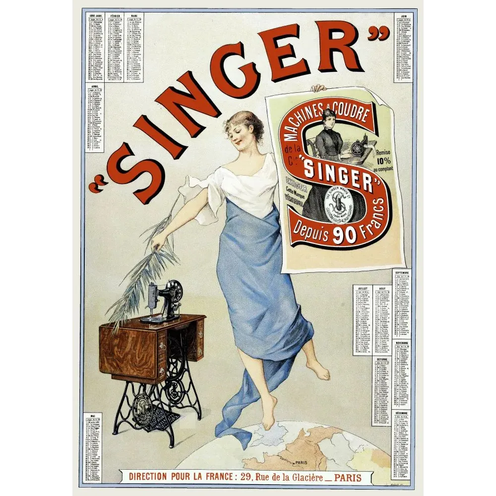 Singer Machines à Coudre Calendrier Paris 90 Francs - Publicité vintage Singer Machines à Coudre Calendrier Paris 90 Francs - Publicité vintage