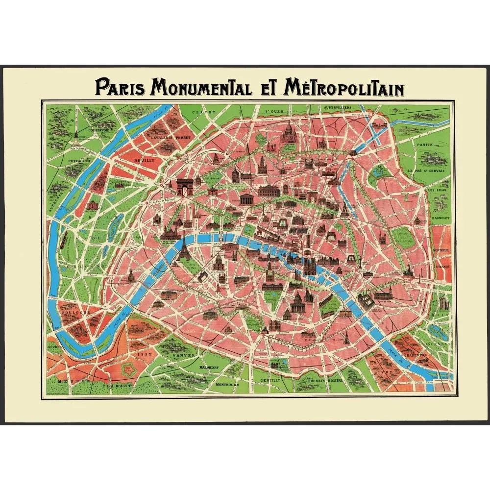 Paris Monumental Métropolitain Plan Illustré Monuments - Carte ancien Paris Monumental Métropolitain Plan Illustré Monuments - Carte ancien