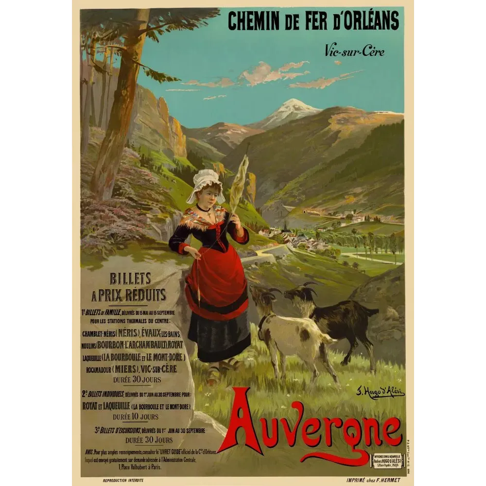Auvergne Chemin de Fer Orléans Hugo d'Alési Vic-sur-Cère - Publicité vintage Auvergne Chemin de Fer Orléans Hugo d'Alési Vic-sur-Cère - Publicité vintage
