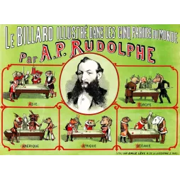 Billard cinq parties monde Rudolphe animaux humoristique Lévy - Publicité vintage