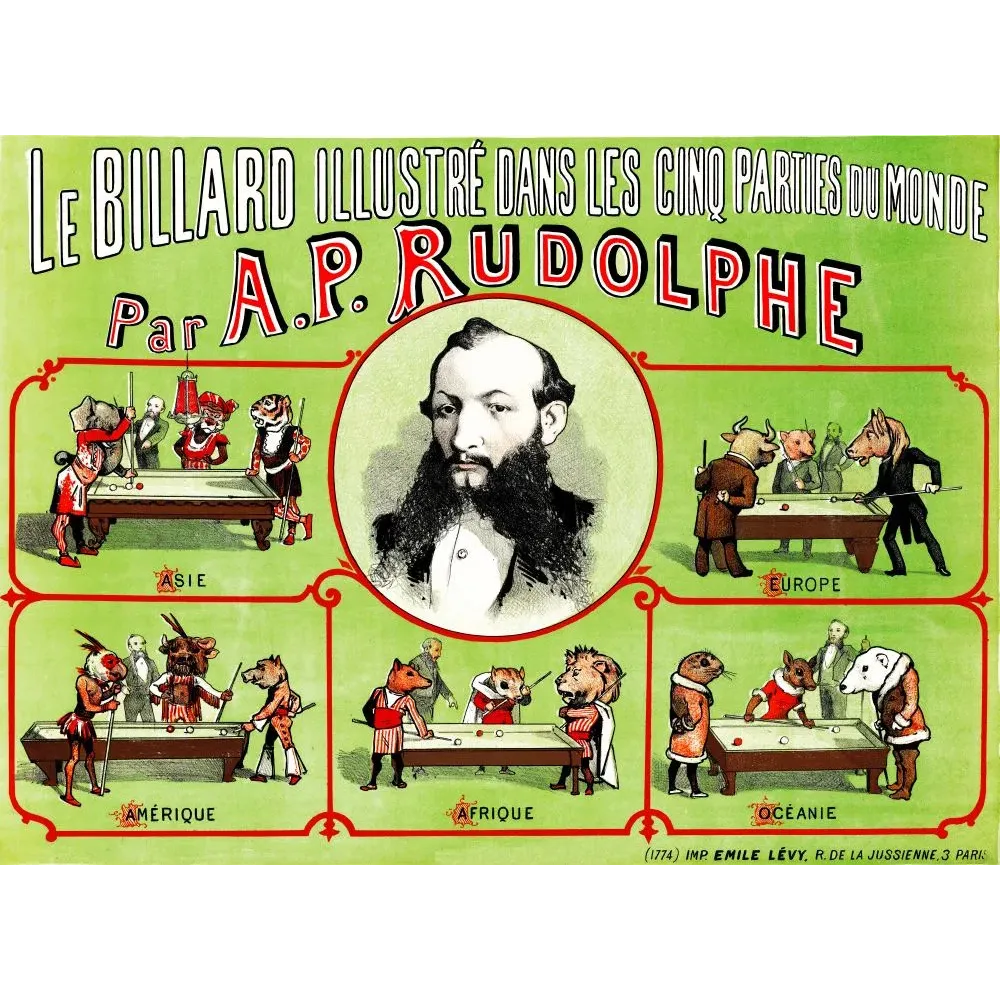 Billard cinq parties monde Rudolphe animaux humoristique Lévy - Publicité vintage Billard cinq parties monde Rudolphe animaux humoristique Lévy - Publicité vintage