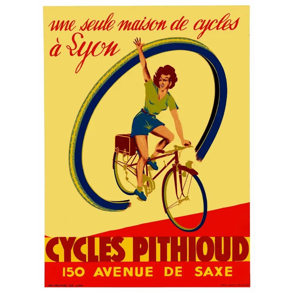 Cycles Pithioud Lyon avenue Saxe femme cycliste 1950 - Publicité vintage Cycles Pithioud Lyon avenue Saxe femme cycliste 1950 - Publicité vintage