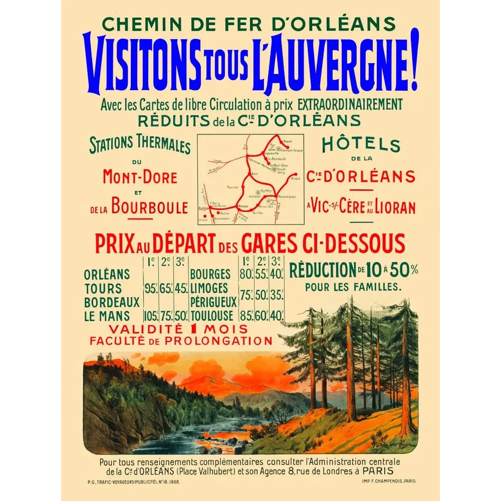 Chemin de Fer Orléans Auvergne Mont-Dore Bourboule 1908 - Publicité vintage Chemin de Fer Orléans Auvergne Mont-Dore Bourboule 1908 - Publicité vintage