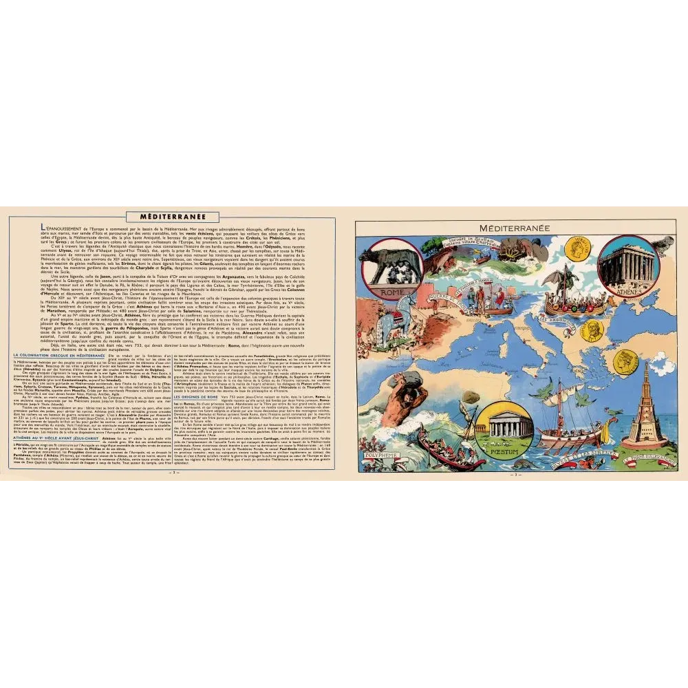 Méditerranée encyclopédie illustrée Grèce Rome carte 1930 - Document ancien