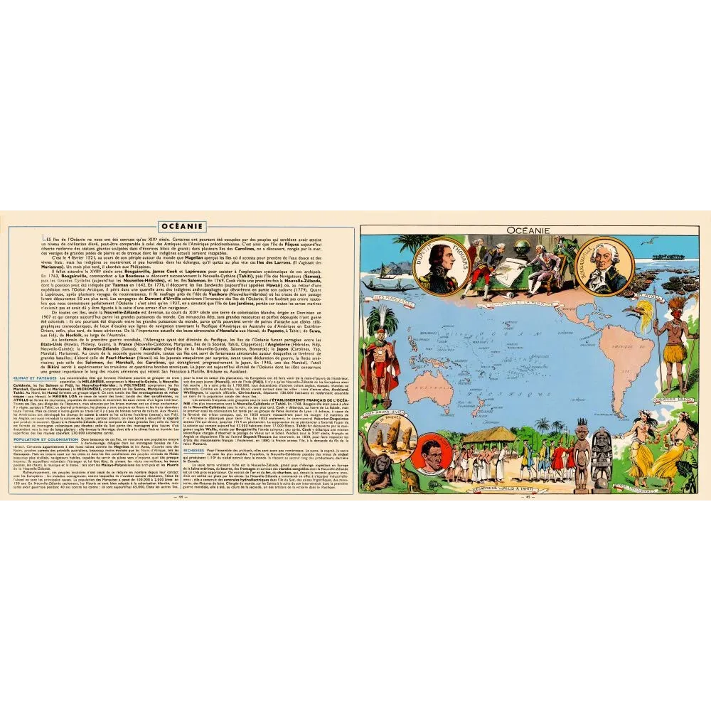 Océanie encyclopédie illustrée carte explorateurs Bougainville - Document ancien Océanie encyclopédie illustrée carte explorateurs Bougainville - Document ancien