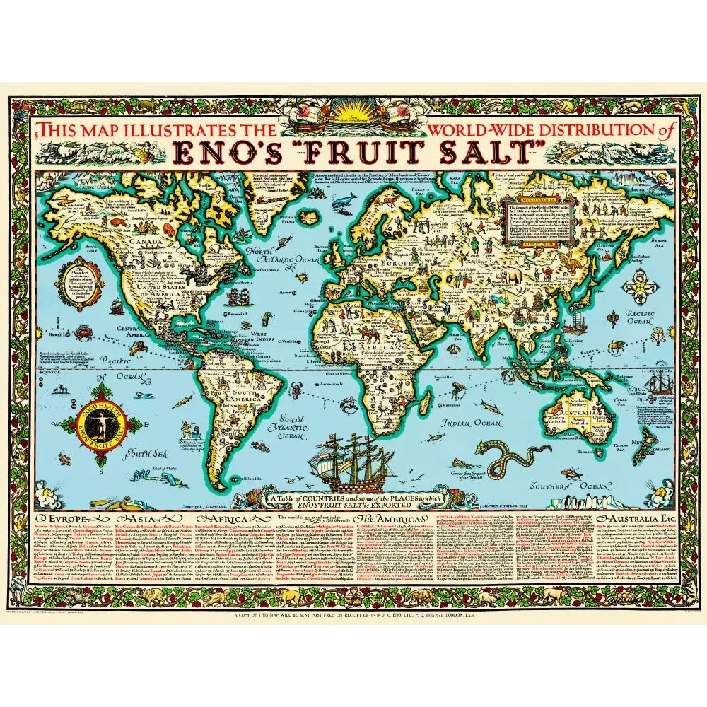 Carte mondiale Eno's Fruit Salt distribution Alfred Taylor 1925 - Carte ancien
