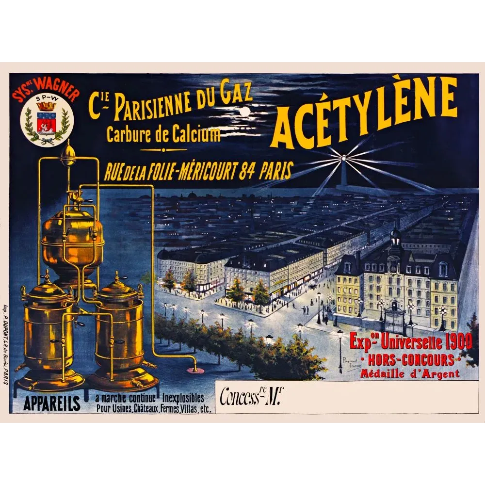 Acétylène Compagnie Parisienne Gaz Wagner Exposition 1900 - Publicité vintage Acétylène Compagnie Parisienne Gaz Wagner Exposition 1900 - Publicité vintage