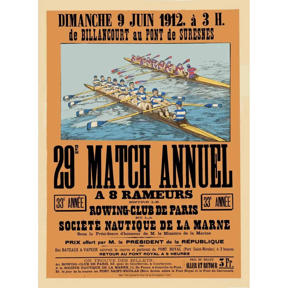Match Aviron Rowing-Club Paris Marne 1912 Billancourt - Publicité vintage