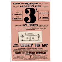 Société Champignolles terrains Champigny 3 francs semaine - Publicité vintage