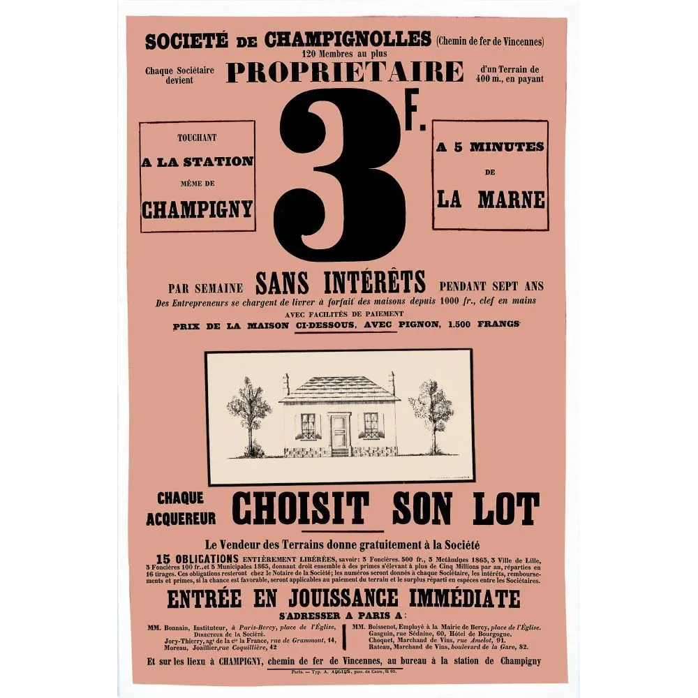 Société Champignolles terrains Champigny 3 francs semaine - Publicité vintage Société Champignolles terrains Champigny 3 francs semaine - Publicité vintage