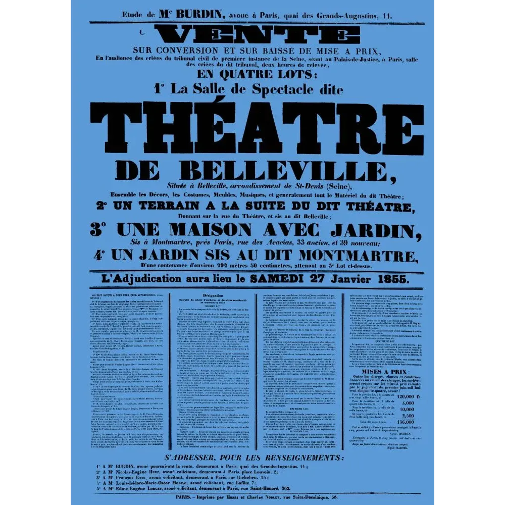 Vente Théâtre Belleville Paris adjudication 1855 - Document ancien Vente Théâtre Belleville Paris adjudication 1855 - Document ancien