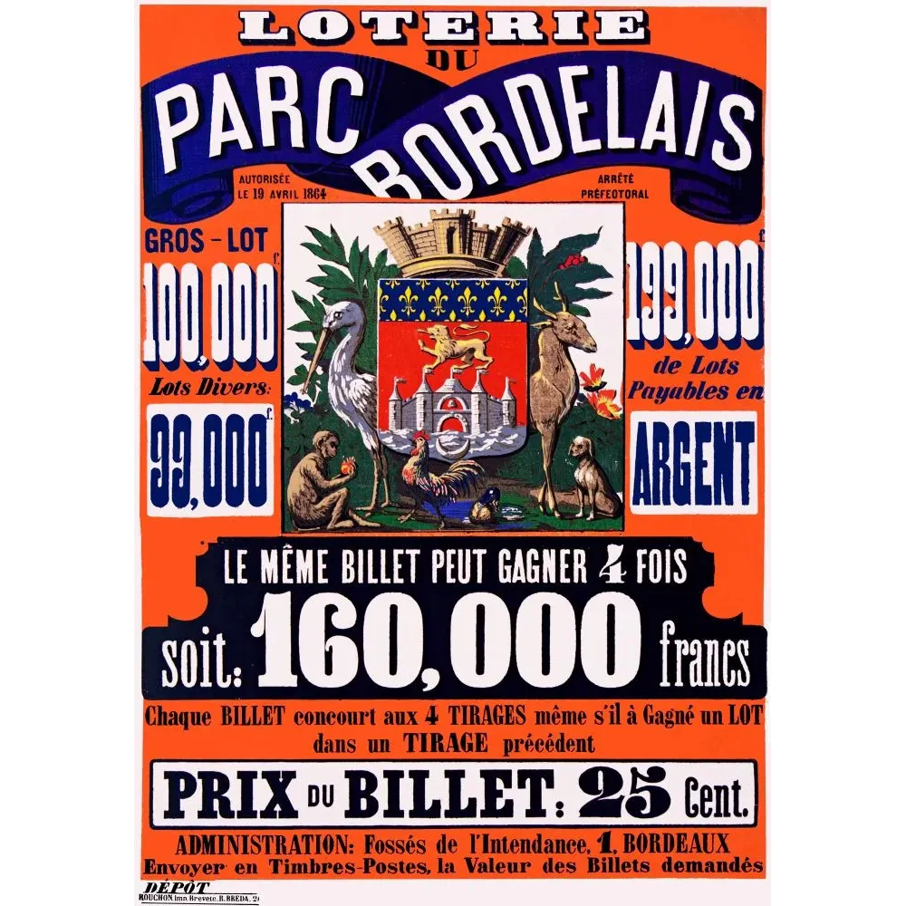 Loterie Parc Bordelais Bordeaux 1864 armoiries - Publicité vintage