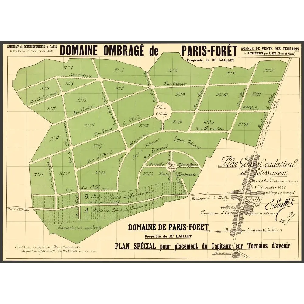 Paris-Forêt Achères plan cadastral lotissement 1925 Laillet - Carte ancien