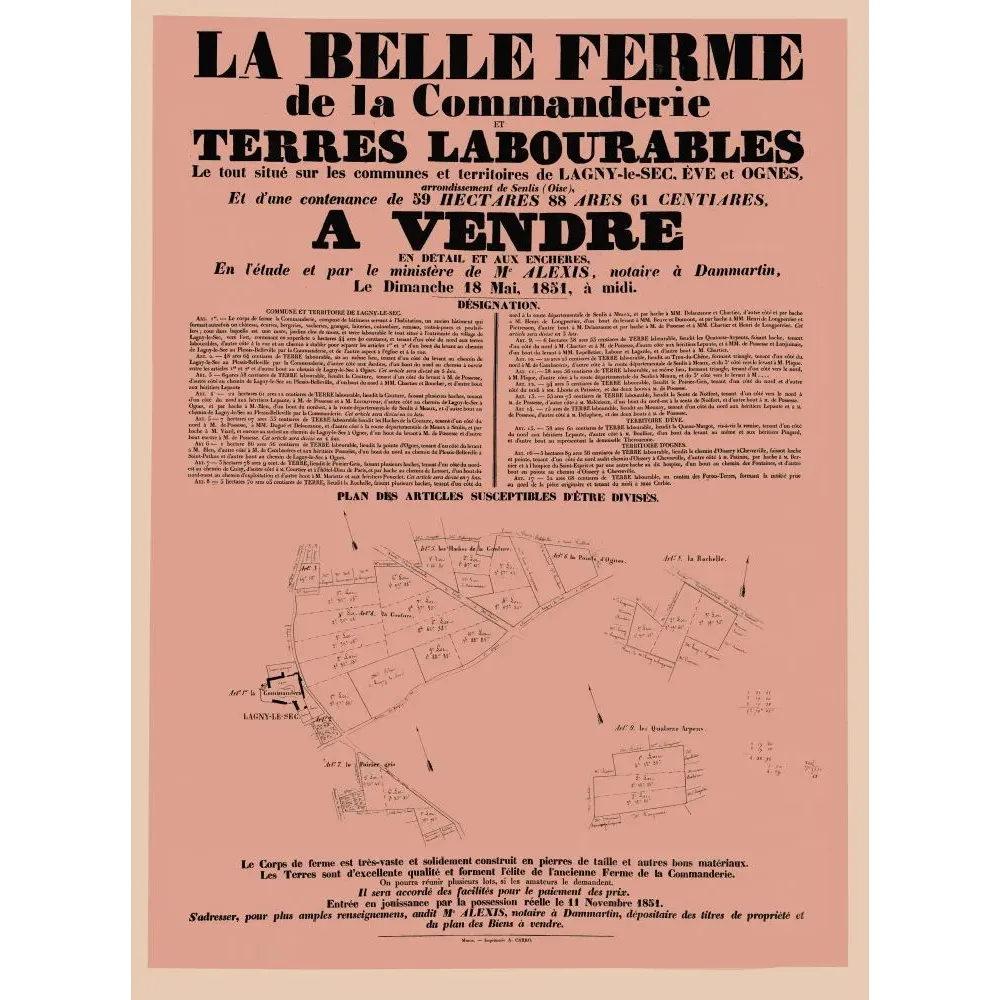 Belle Ferme Commanderie Lagny-le-Sec vente 1851 - Document ancien