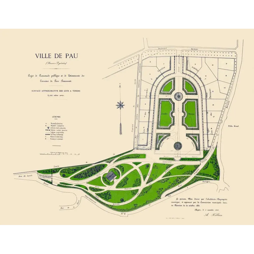 Pau Parc Beaumont promenade publique plan Killian 1885 - Carte ancien