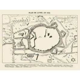 Plan de Lunel 1622 cité fortifiée remparts portes - Carte ancien