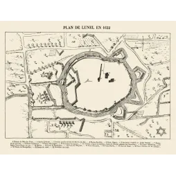 Plan de Lunel 1622 cité fortifiée remparts portes - Carte ancien