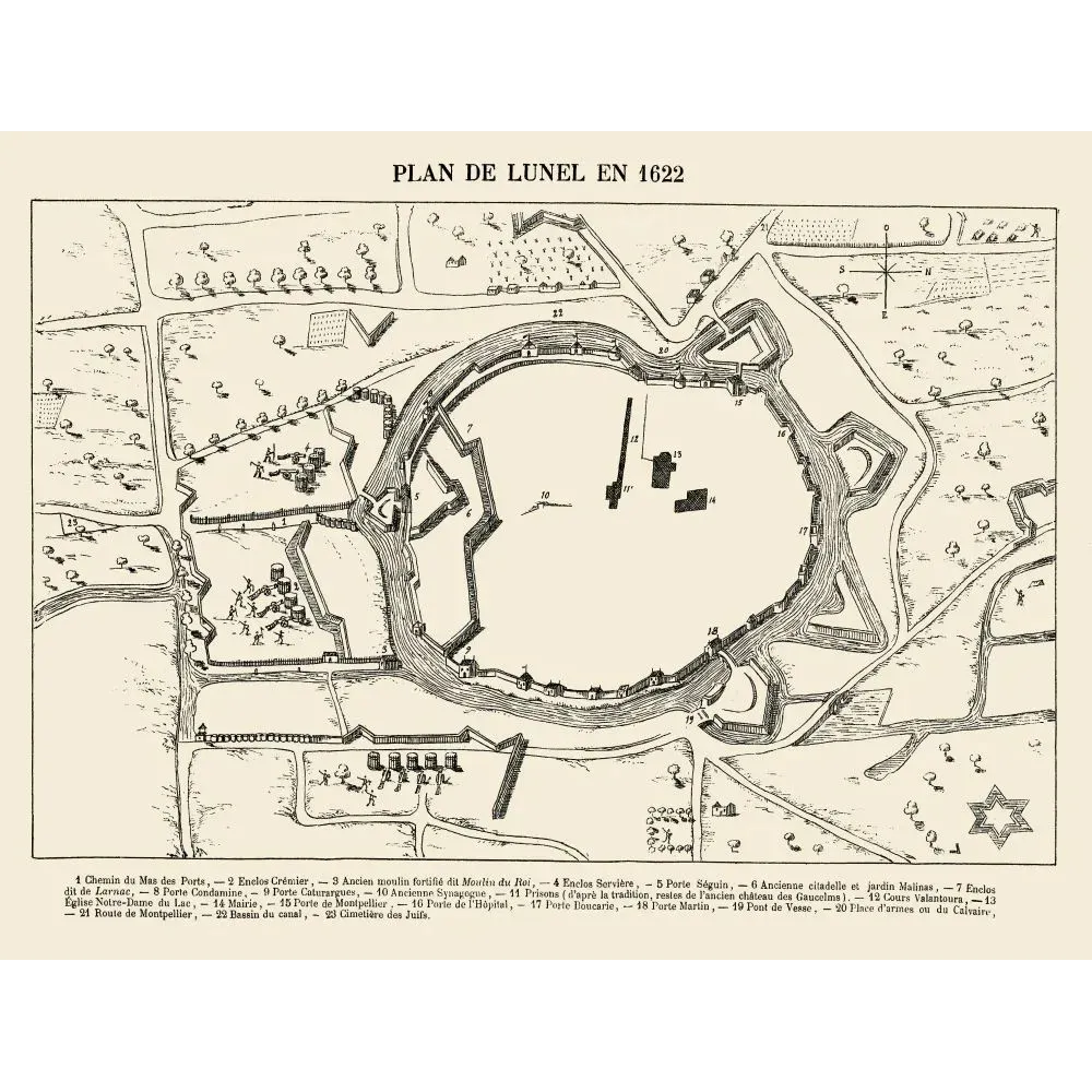 Plan de Lunel 1622 cité fortifiée remparts portes - Carte ancien