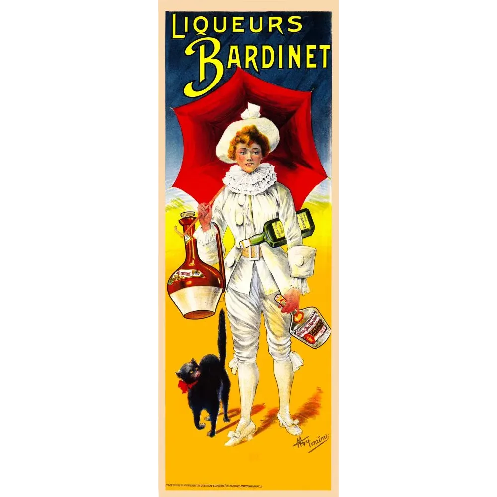 Liqueurs Bardinet Pierrot ombrelle chat noir Fontenin - Publicité vintage