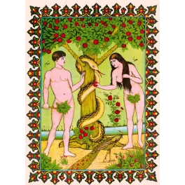 Adam Ève Paradis miniature persane serpent paon - Publicité vintage