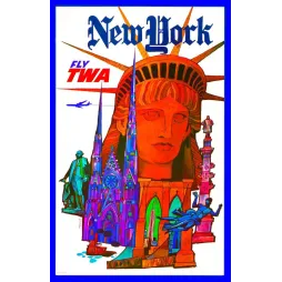 New York Fly TWA David Klein Statue Liberté - Publicité vintage