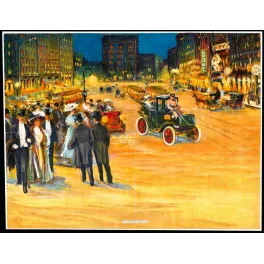 Carte ancienne illustrant une scène urbaine scandinave colorée avec voitures et personnes élégantes en fin de journée.
