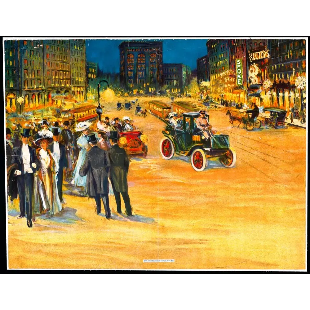 Carte ancienne illustrant une scène urbaine scandinave colorée avec voitures et personnes élégantes en fin de journée. Carte ancienne illustrant une scène urbaine scandinave colorée avec voitures et personnes élégantes en fin de journée.