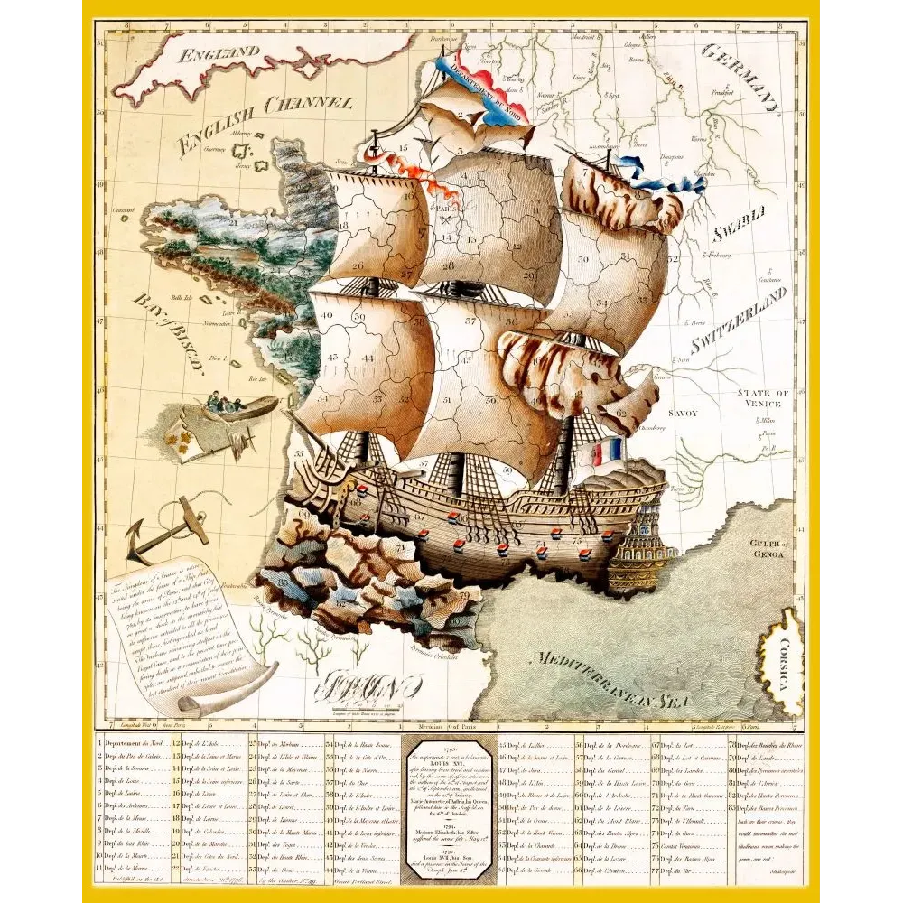 Carte France Navire Allégorique Départements XVIIIe - Carte ancien
