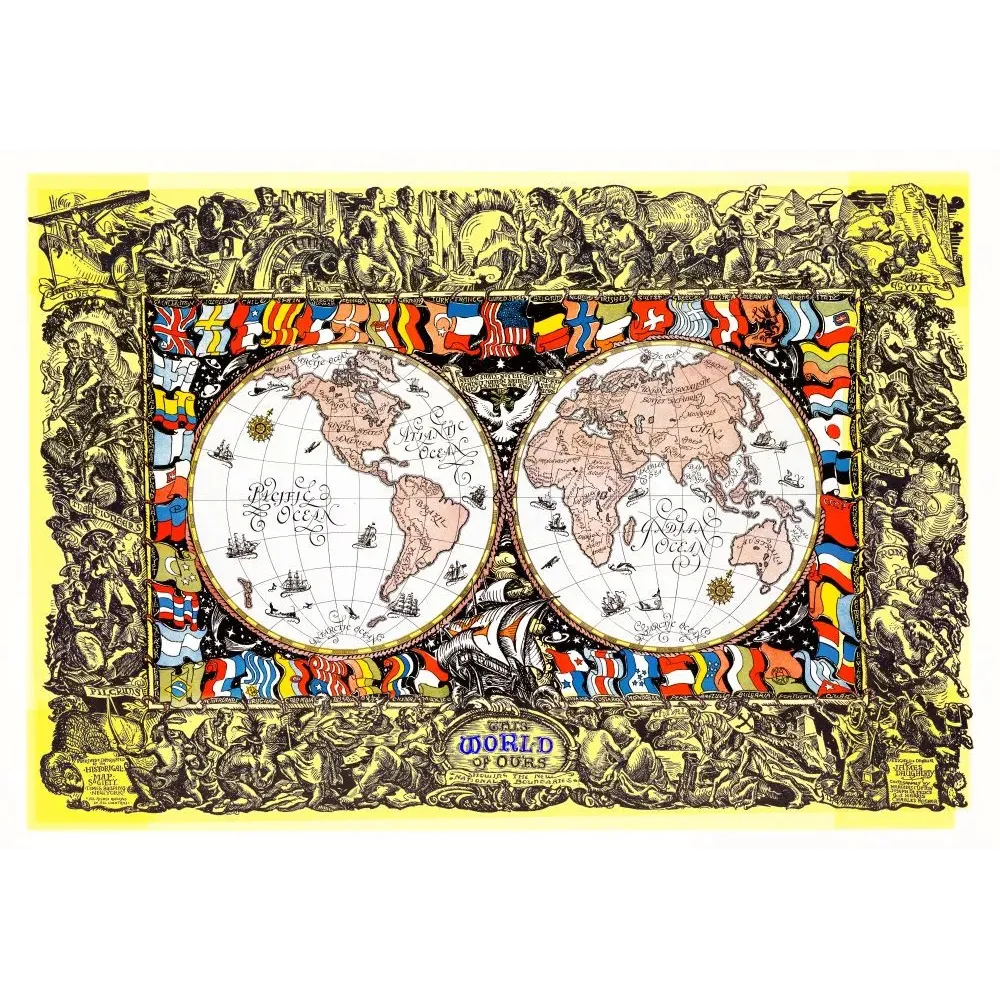 This World of Ours Planisphère Double Hémisphère Drapeaux - Carte ancien