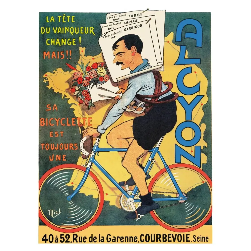 Publicité Alcyon bicyclette coureur cycliste Tour de France Faber Lapize Garrigou signé Mich Courbevoie Publicité Alcyon bicyclette coureur cycliste Tour de France Faber Lapize Garrigou signé Mich Courbevoie