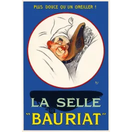 Publicité selle vélo Bauriat cycliste endormi oreiller bonnet nuit humour signé Mich fond bleu
