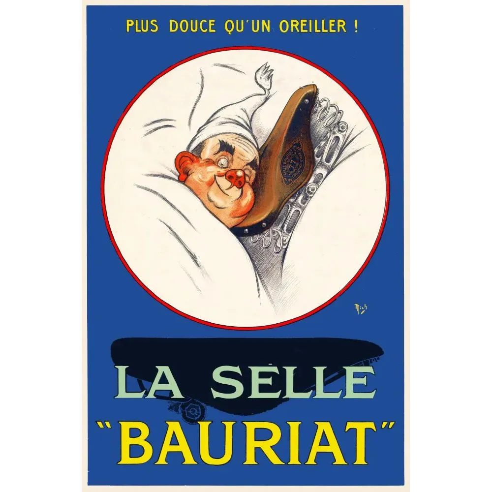 Publicité selle vélo Bauriat cycliste endormi oreiller bonnet nuit humour signé Mich fond bleu Publicité selle vélo Bauriat cycliste endormi oreiller bonnet nuit humour signé Mich fond bleu