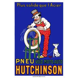 Publicité pneu Hutchinson clown chapeau pois roue eau chien signé Mich imprimerie Pichot Paris